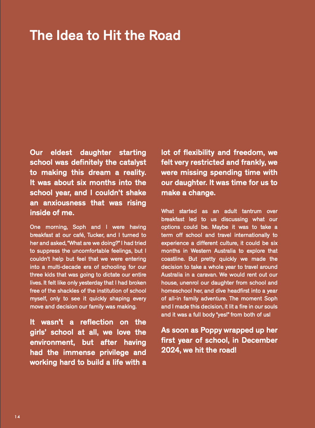 A book with a solid rust-brown background, featuring a white title at the top reading 'The Idea to Hit the Road' and two columns of black text below discussing family travel decisions.