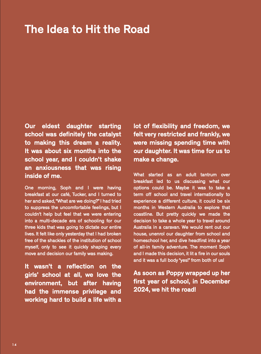 A book with a solid rust-brown background, featuring a white title at the top reading 'The Idea to Hit the Road' and two columns of black text below discussing family travel decisions.